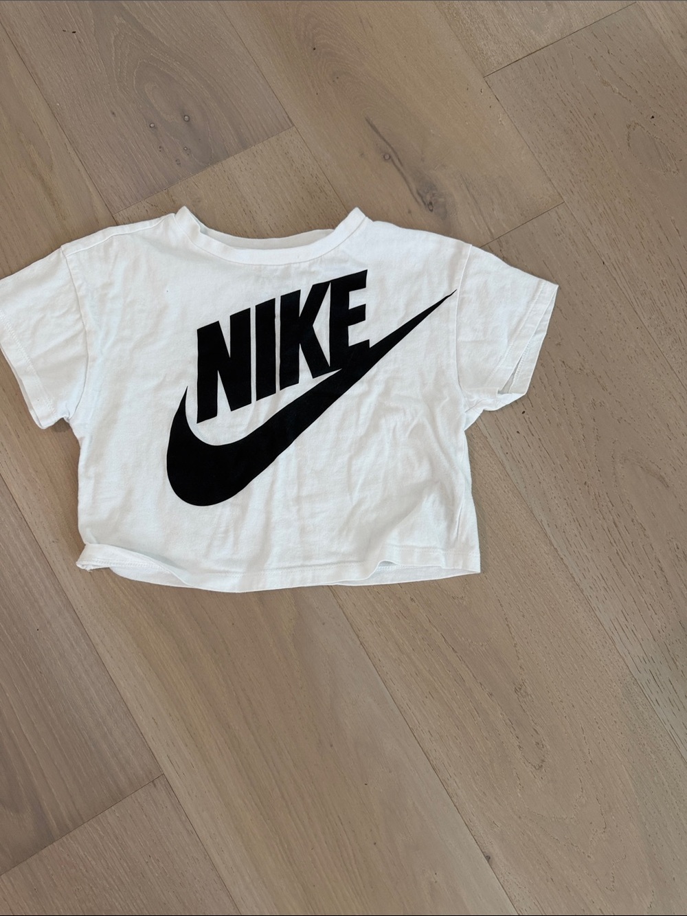 Nike White and Black Cropped Logo Tee for Kids